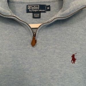 Ralph Lauren Polo~Men's Long Sleeve 
Quarter Zip Leather Pull Lt Blue Pullover M